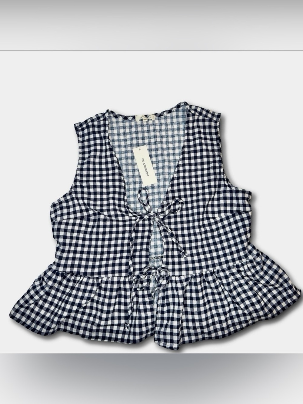NWT No Comment Navy White Gingham Tie Front Peplum Tank Top Medium